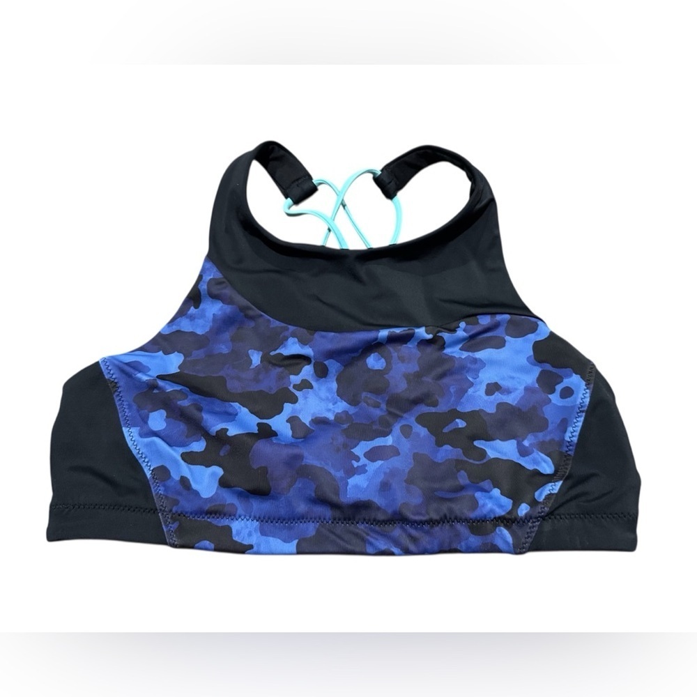 Athleta Freestyle Camo High Neck Bikini Top Size XS Blue Black